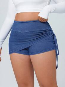 SHEIN Essnce Plus Size Women Elastic Drawstring Knitted Denim Skirt/Shorts, Sporty Style - Medium Wash - View 5