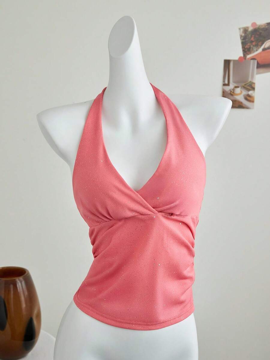 Elamini 时尚亮片吊带露背吊带背心，性感派对风格 - 珊瑚粉 - 查看 1