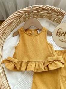 Baby Girl Cute Solid Color Ruffle Hem Camisole & Pants 2Pcs Suit, Summer