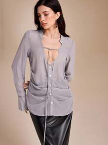 flowery He Sheer Chiffon V Neck Open Back Draping Blouses Women Summer Casual Top Blouse Grey Blouse Tie Front Blouse Office Blouse Fall Clothes Homecoming Dress Modest