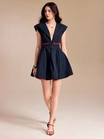 NAJILARAQUELDESIGNS Sleeveless V Neck Shoulder Padded Pleated Mini Dress With Contrast Red Lining Women Casual Navy Dress Collared Dress Deep V Dress Fit And Flare Dress Blazer Dress Business Outfit Fall Clothes