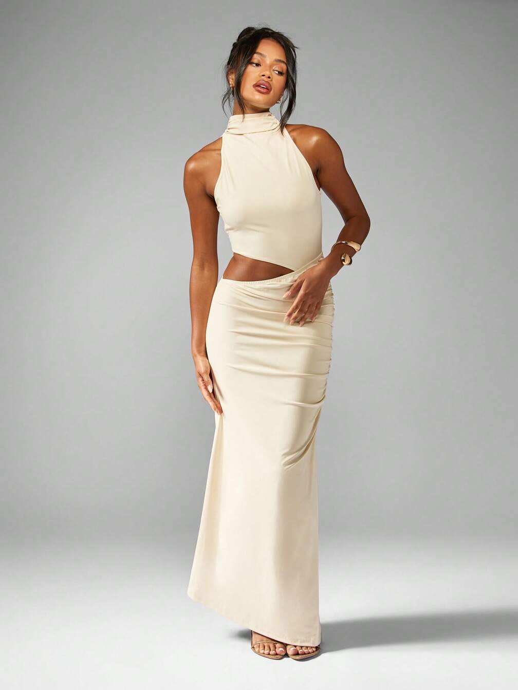 high neck cut out maxi dress Selena | Black High-Neck Maxi Dress With Cut-Out And Cape Sleeve Detail