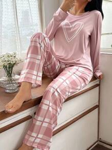 SHEIN Women's Chic And Comfortable Heart Print Long Sleeve Top And Long Plaid Pants Pajama Set, Loungewear Set, Fall Winter Clothes - Multicolor - View 4