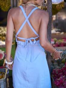 Aralina 无袖船领系带后腰褶饰简约女士度假装迷你连衣裙 - 藍色 - 查看 7