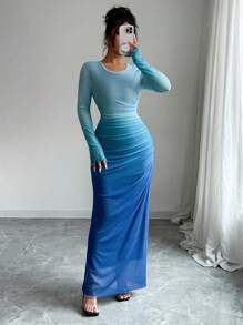 Breezaya 女士网纱泡泡袖渐变褶皱修身连衣裙，休闲百搭，适合日常穿着、海滩、居家、办公等场合，长款连衣裙风格，可打造派对休闲造型，春季大学校园秋季女装。