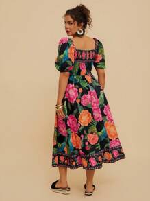 Travachic Váy công chúa thanh lịch tay bồng in họa tiết hoa nhiệt đới nhiều màu sắc cho kỳ nghỉ cỡ lớn, váy dự tiệc mùa hè cho quý cô - màu đen - Xem 2