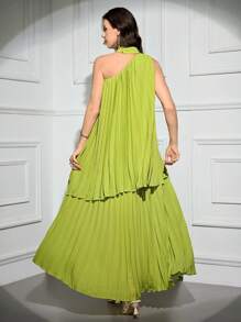 Modelyn 女士优雅纯色褶饰吊带连衣裙，夏季 - 綠色 - 查看 2