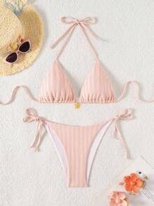 Swim Mod Plain Textured Bikini Set With Metal Accessories For Summer Beach Vacation - Pink - View 4