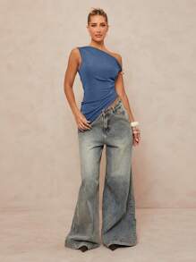 Lumalex Women Asymmetrical Twist Ruched Tight Fitting Top With Metal Decor - Dusty Blue - View 5