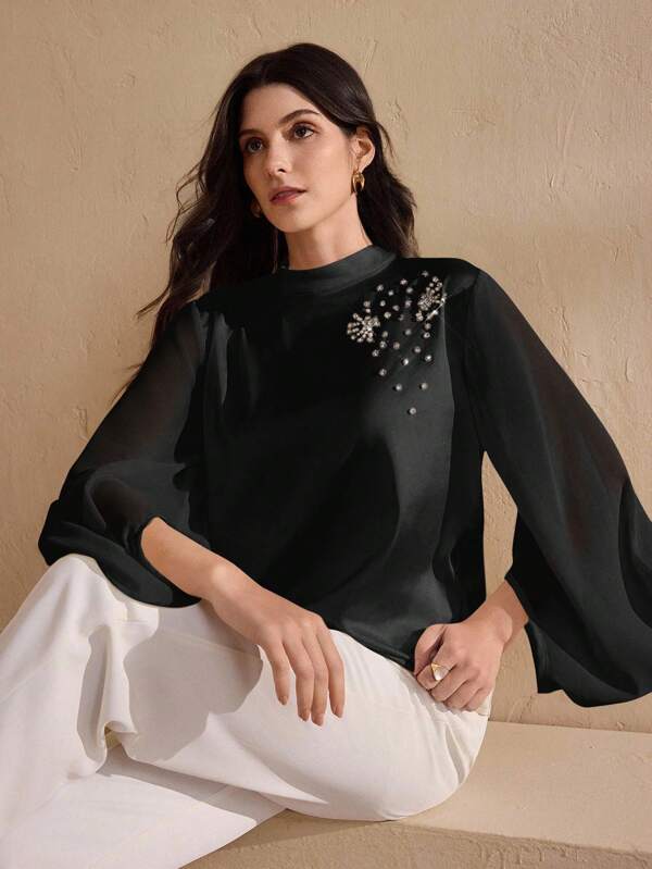 Graceveil Spring/Summer Patchwork Sleeve Faux Pearl & Rhinestone Embellished Elegant Blouse Embellished Top Lantern Sleeve Blouse Full Sleeve Tops Elegant Blouse For Women Silk Tops