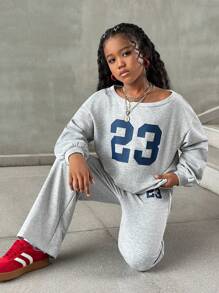 2pcs Tween Girls Fashionable Numeric Print Loose Knit Sweatshirt Set, Casual Daily Versatile Fashion Mommy And Me Matching Outfits (2 Pieces Sold Separately) Y2k Sweatpants Sweatpants Set 2 Piece Set Fall Winter