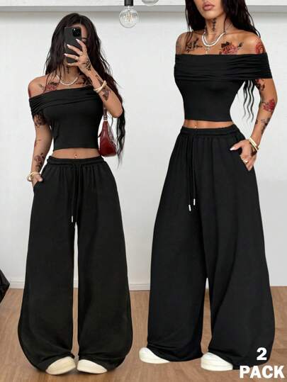 Coolane Women's Summer Minimalist Y2K Streetwear Casual Basic Daily Wear Off The Shoulder Crop Tees And Low Rise Wide Leg Sweatpants Two Pieces Outfits