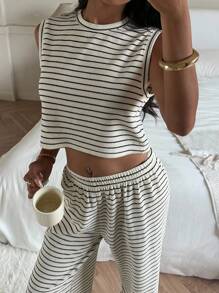 CovetEZ Ensemble 2 pièces pour femmes, Top de débardeur rayé et pantalon, décontracté