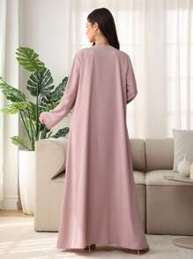 Al Najma 女士宽松优雅刺绣黑色休闲长袍 - 粉色 - 查看 2