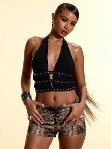 MUSERA Halter-Neck Studded Plunge Front Fitted Crop Top Birthday Vacation Holiday Ibiza Boho Festival Sexy Club Rave After-Show Cute Night Out Going Out Tops Club Party Fall Spring Summer - Black - View 8