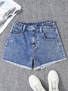 Pantaloni scurți din denim spălat, lejeri, cu design asimetric al taliei, casual, asortați, stil versatil la modă stradală, inspirați de streetwear-ul american, potriviți pentru purtare zilnică, nou-veniți - Spălare medie - Vizualizare 2