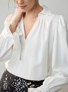 Uhlyne Women's Business Casual Blouse, Minimalist Office Wear, Loose Fit Comfortable Pullover Shirt With Flared Cuffs, Long Sleeve, Pure White - White - View 2