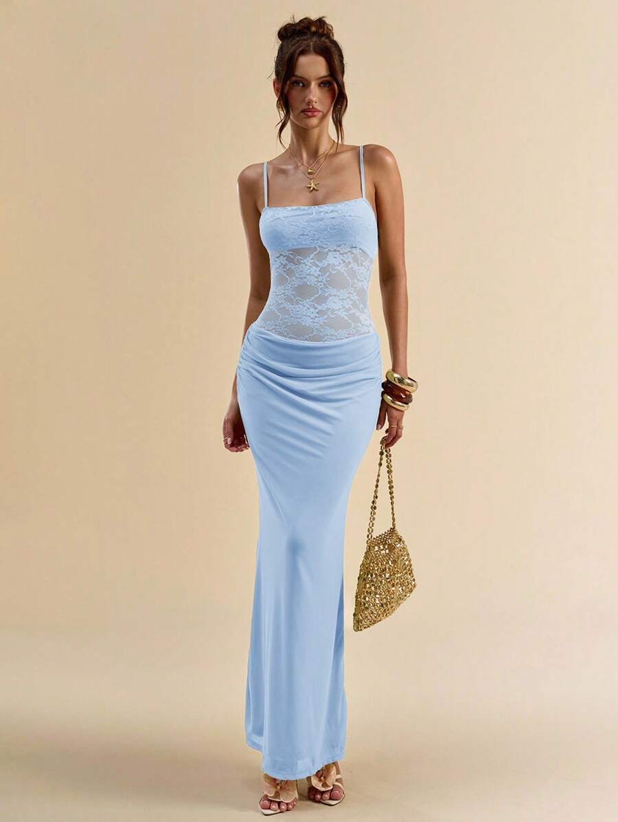 SHEIN BAE 女式夏季撞色蕾丝透视吊带背心连衣裙 - 淺藍色 - 查看 1