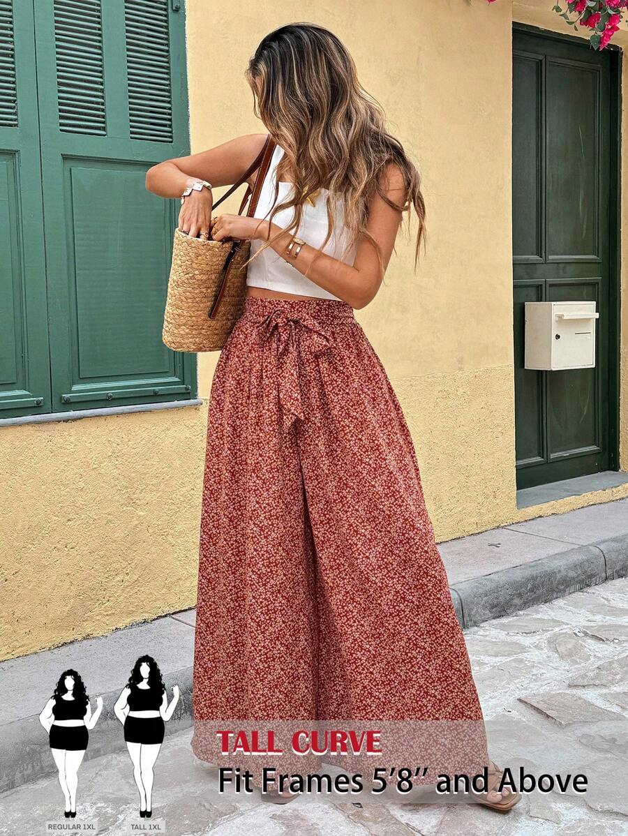 SHEIN Tall CURVE Pantalon évasé ample à fleurs marguerite pour grandes tailles, pantalon de vacances décontracté, pantalon ample à jambes larges, pantalon rouge à fleurs avec fentes, nœud devant avec ceinture réglable, convient pour les vacances et le port quotidien