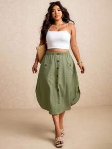 Elaquor Plus Size Summer Simple Button Decor Arc Hem Skirt - Green - View 4