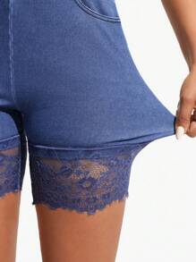 SHEIN ICON Blue High Waist Fitted Sexy Lace Trim Women's Denim Shorts, Spring/Summer - Blue - View 6