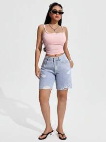 SHEIN EZwear 女式口袋做旧毛边休闲百搭牛仔短裤 - 淺色水洗藍 - 查看 6