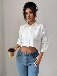 Elenzga Women's Cropped Drop Shoulder Long Sleeve Blouse Women Shirt - White - View 6