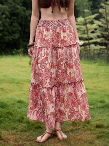 Florisole Damen-Plissee-A-Linien-Rock mit Cashew-Blumen-Muster und elastischer Taille - Verschiedenfarbig - Übersicht 1