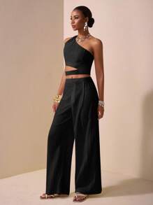 Zivah 2025 春夏新款休闲度假通勤优雅母亲节婚礼派对音乐节俱乐部服装两件套：黑色纹理单肩扭纹细节镂空腰上衣和阔腿长裤带口袋/夏季两件套女士/度假装女士两件套 - 黑色 - 查看 3