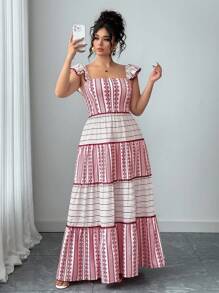 Elenzga Plus Size Women Ruffle Strap Square Neck Sleeveless Print Dress - Multicolor - View 4