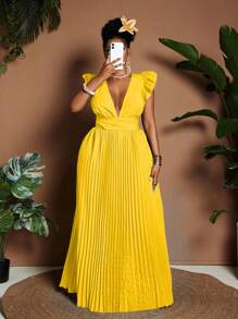 Maweii Plus Size V-Neck Ruched Back Tie-Shoulder Elegant Dress - Yellow - View 5