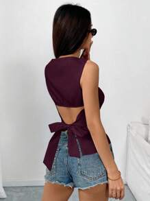 Rafferiza Halloween Solid Color Fitted Sleeveless Open Back Tie Up Bow Camisole Top, Elegant Casual Sexy Minimalist Office Business Wear, Spring/Summer Open Back Tops Bow Top Women Tie Back Top Classy Top - Burgundy - View 2