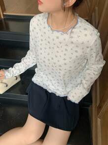 Dazy Plus Áo thun chui đầu cổ tròn tay dài màu trắng họa tiết hoa Colorblock, quần áo nữ mùa thu - trắng - Xem 9