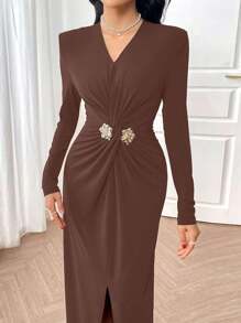 Modelyn Vestido de manga larga de estilo árabe con ajuste de cintura elegante y sencillo para mujer - Café integral - Ver 2