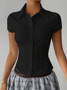 Aloruh 女士优雅白色短袖褶腰衬衫，办公室通勤休闲百搭，春夏 - 黑色 - 查看 7