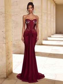 Glamrae Elegante, lujoso y sexy vestido largo de gasa con parche de encaje elástico, drapeado, de estilo sirena, adecuado para boda, fiesta, discoteca, vacaciones, vestido de gala (de gran resistencia) - Burdeos - Ver 7