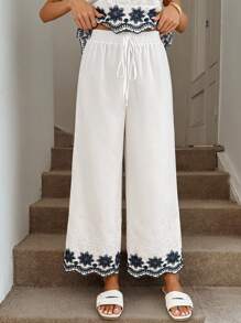 SHEIN LUNE 教师闪亮雪纺飘逸舒适夏季裤子，松紧腰带，适合浪漫假期和日常穿着西部波西米亚风全白派对返校教师涤纶女裤甜美裤宽松裤 - 杏色 - 查看 4