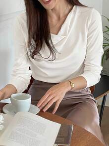 DAZY 女士圆领休闲 T 恤秋季上衣长袖上衣 - 白色 - 查看 3