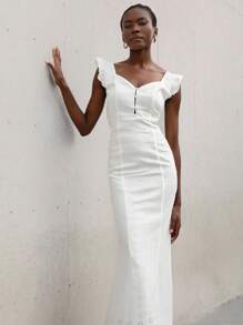 Lumivelle Women Square Neck Floral Cap Sleeve Cap Sleeve White Embroidery Fitted Dress, Ruffle Hem, Summer Vacation Dress, Boho Style - White - View 6