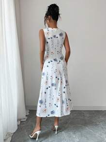 SHEIN PETITE Abito casual da donna con scollo a V, stampa floreale, senza maniche, con tasche, lavorato a maglia, adatto alle vacanze