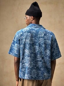 AKNOTIC Business Casual 年轻男士休闲宽松短袖开襟衬衫男士花衬衫男士夏季衬衫男士纽扣衬衫男士夏威夷衬衫男士热带衬衫 - 深色水洗藍 - 查看 7