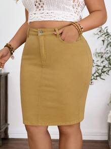 EMERY ROSE Plus Size Casual Holiday Solid Washed Denim Mini Skirt - Khaki - View 1