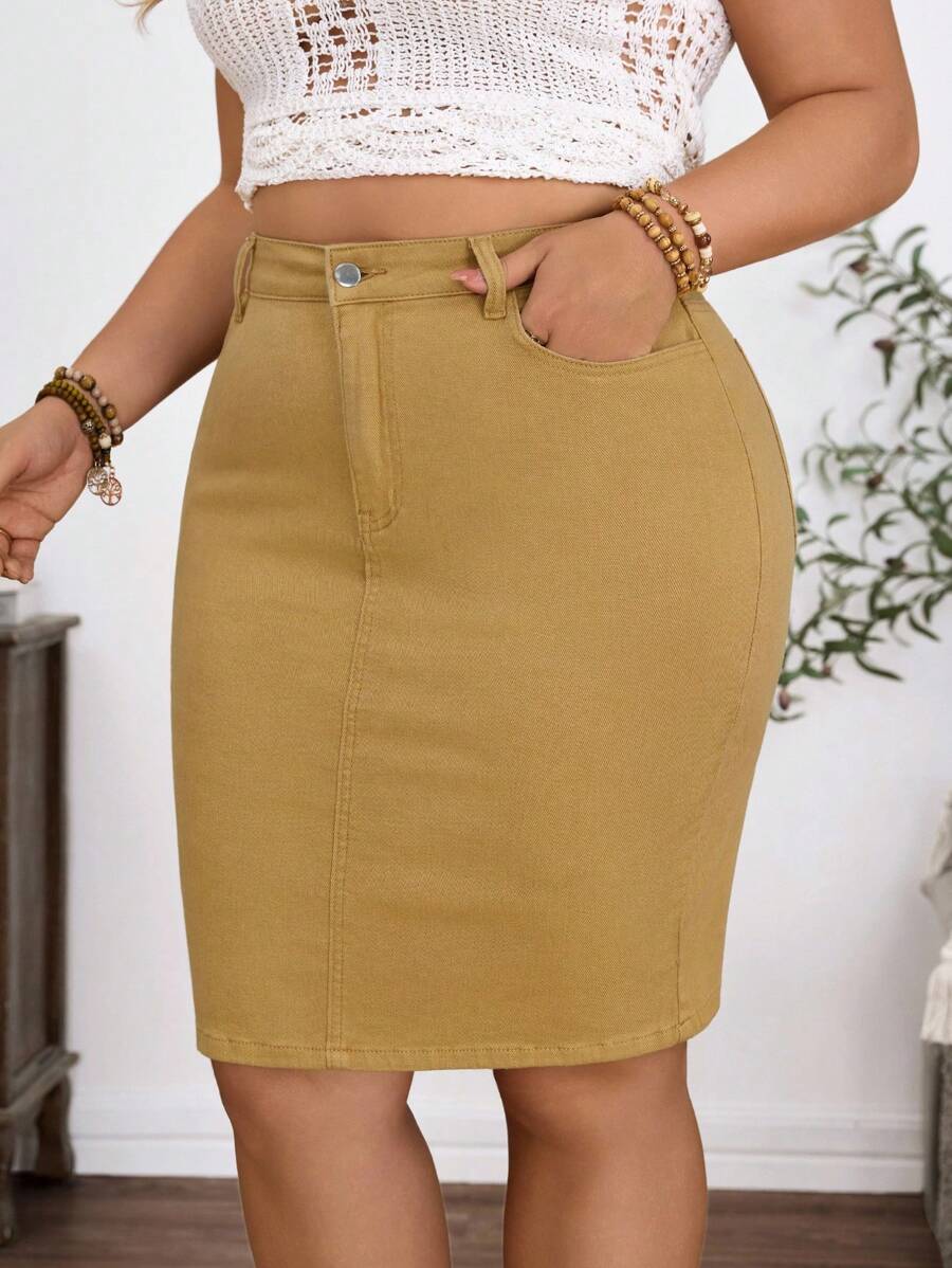 EMERY ROSE Plus Size Casual Holiday Solid Washed Denim Mini Skirt - Khaki - View 1