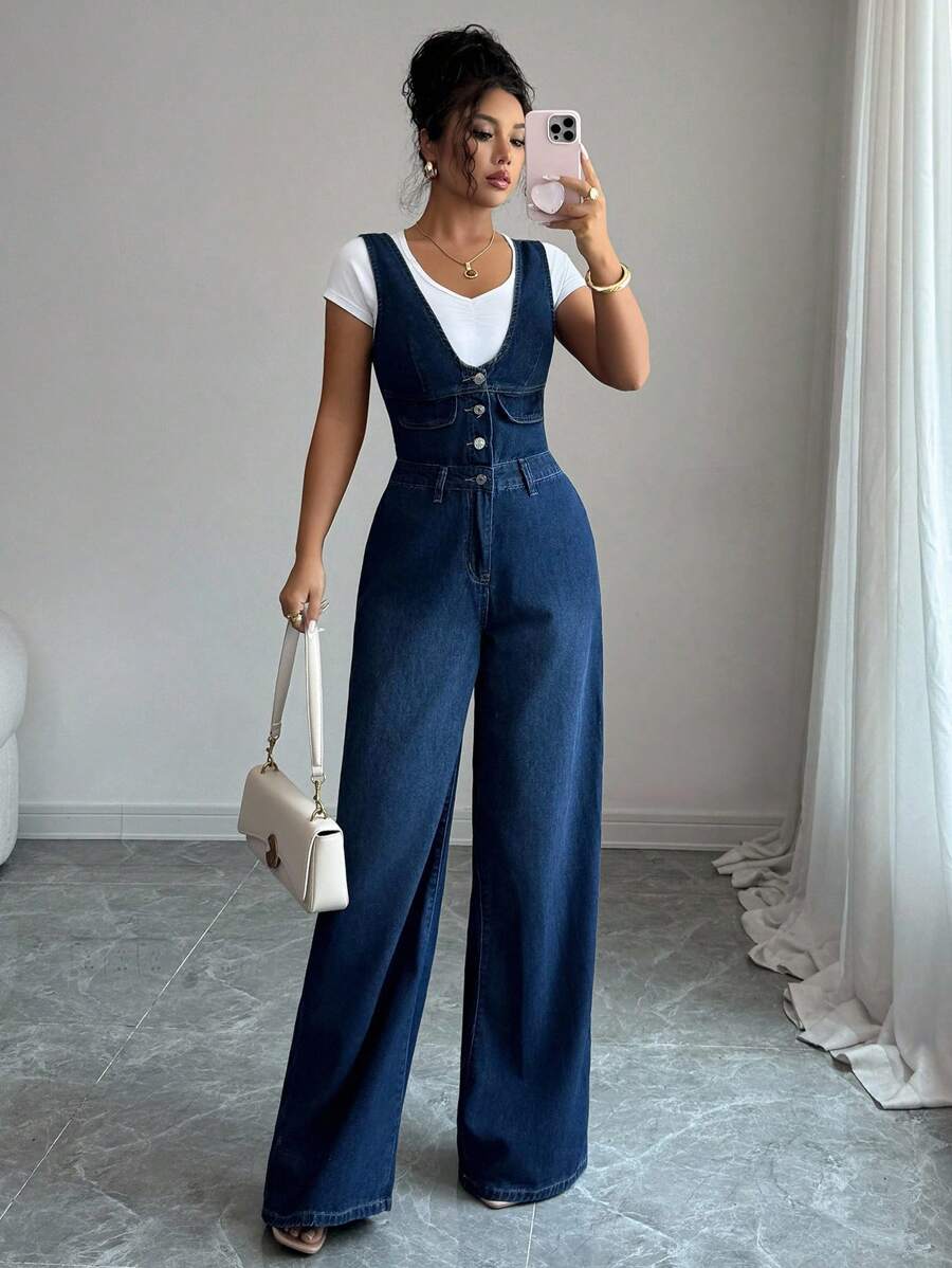 Elenzga Bộ đồ liền thân denim loe không tay cổ chữ V cài nút thường ngày cho nữ - Rửa tối - Xem 1