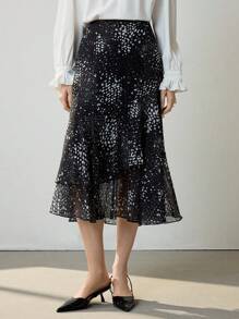 Uhlyne 女士优雅黑色中长半身裙，采用梭织面料，饰以时尚印花和拉链细节，适合秋季、简约、商务休闲、度假、工作、教师、返校季、秋季穿着，尽显老钱风范。 - 黑色 - 查看 6