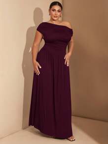 SHEIN Tall CURVE 大码女式优雅超级百搭弹力面料黑色或日常穿着、派对、露肩、大码女式、A 级长裙 - 酒紅色 - 查看 5