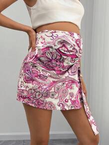 SHEIN Maternity Summer Casual Paisley Print Wrap Shorts - Pink - View 5