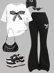 Girlism 青少年女孩两件套：可爱蕾丝蝴蝶结印花短袖 T 恤和喇叭裤，休闲简约夏季服装 - 黑與白 - 查看 1