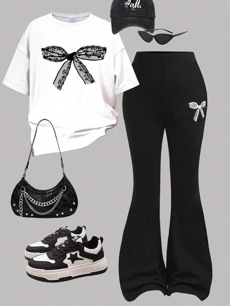 Girlism 青少年女孩两件套：可爱蕾丝蝴蝶结印花短袖 T 恤和喇叭裤，休闲简约夏季服装 - 黑與白 - 查看 1