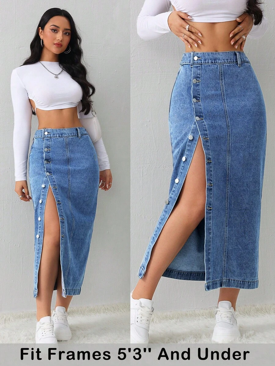 SHEIN PETITE 女士蓝色牛仔半身裙中长裙办公室装铅笔裙夏季开衩牛仔半身裙 - 淺色水洗藍 - 查看 1